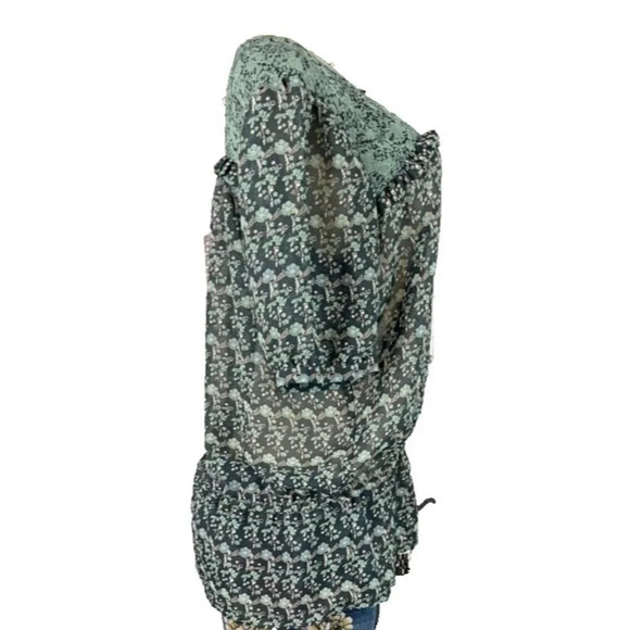 Rockmans 12 Green Floral Sheer Print Drop Elastic Waist Short Sleeve Blouse - Picture 4 of 6